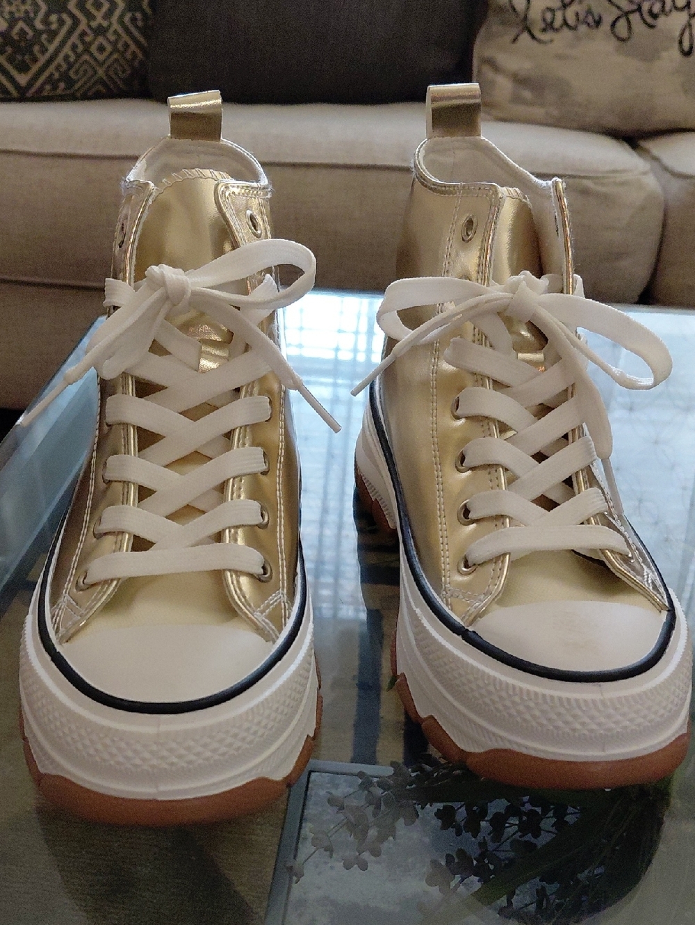 TOP Moda Metallic Gold High-Top Sneakers with White Laces
